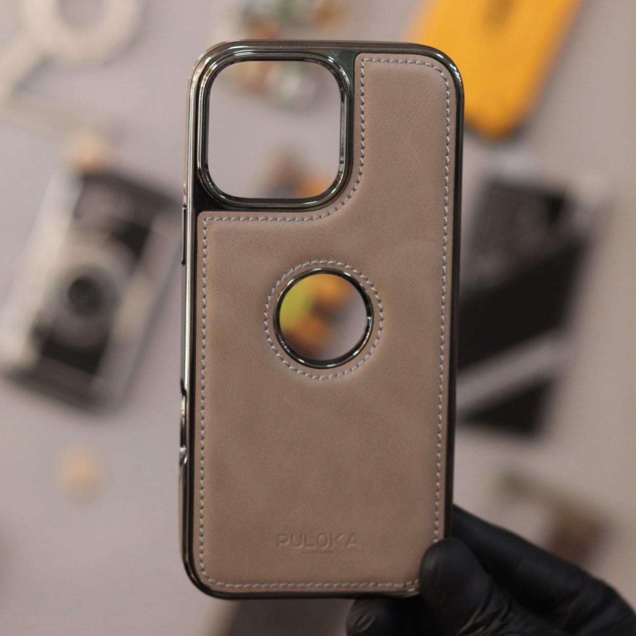 Puloka Logo Cut Leather Case-Light Brown-iPhone 16 Pro Max